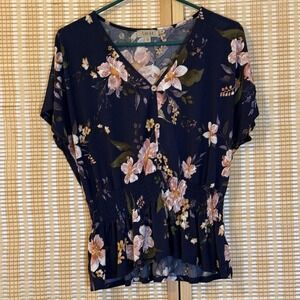 Lavish Womens XL Top Floral Rushing Waist Short Sleeve Boho Fairycore Preppy